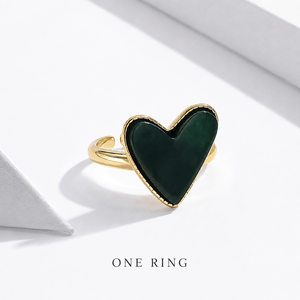 <b>Green</b> Natural Stone Heart <b>Ring</b> Stainless Steel 14K Gold Vacuum Plated Adjustable Statement <b>Ring</b> - Product Image 1