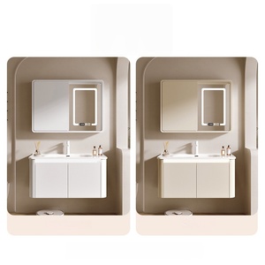 Meuble de salle de bain en bois massif avec lavabo intégré en céramique à arc circulaire, miroir intelligent et finition peinture laquée - Product Image 6