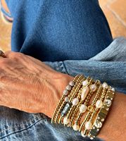 Venta al por mayor personalización 18K oro Acero inoxidable cuenta Mini perla Original perlas de agua dulce pulseras elásticas joyería para mujeres