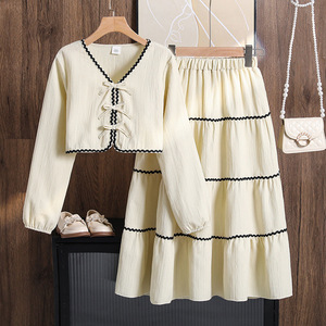 2025 vestido con cuello en V silueta <span class=keywords><strong>abrigos</strong></span> de manga larga faldas con volantes trajes de dos piezas para <span class=keywords><strong>chicas</strong></span> <span class=keywords><strong>adolescentes</strong></span> ODM niños - Product Image 1