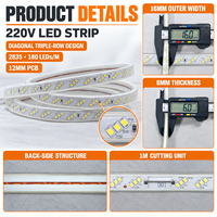 Bande LED sans fil 220V 2835 à triple rangée, 180 LED/m, 8-9W/m, disposition diagonale, PCB 12MM, rouleau de 50M/100M, CE RoHS, haute luminosité