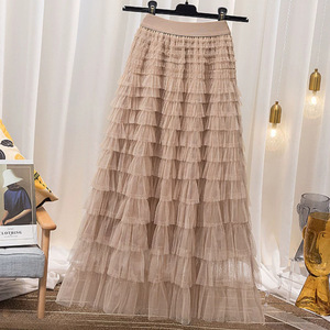 <span class=keywords><strong>Jupe</strong></span> <span class=keywords><strong>longue</strong></span> évasée en tulle à taille empire avec coutures en maille et élasticité élevée, style 'Sweet Cake', Nouvelle collection Printemps Été Automne Hiver 2025 - Product Image 1