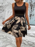 Robe mini évasée sans manches à imprimé tropical avec ceinture en dentelle pour l'été, la plage et les soirées