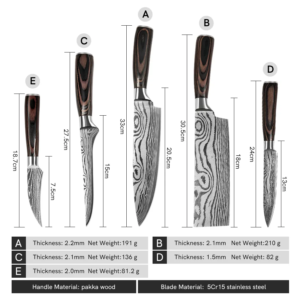 5pcs Facas de Chef de Cozinha Conjunto 8 polegadas Santoku Japonês 5CR15 Padrão de Corte A Laser de Aço Inoxidável De Alto Carbono Ferramenta