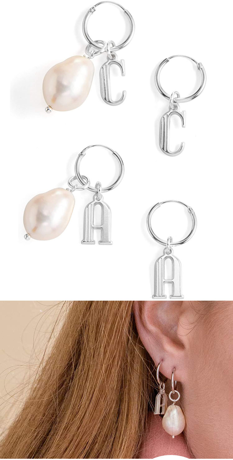 fashion stainless steel earrings jewelry custom gold plated alphabet initial letter hoop freshwater pearl drop earrings