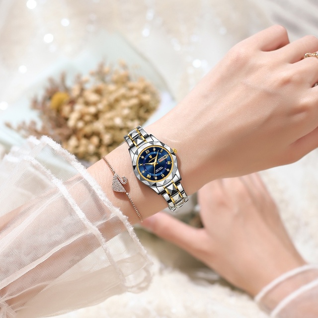 New Women's Watch for Brand Waterproof Dual-Date Luminous Quartz Movement Stainless Steel Band Alloy Case 50m Water Resistant