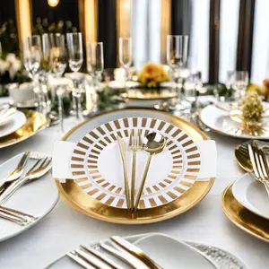 13 Inch High Quality Clear Gold Rim Disposable Plastic Plates Sets Dinnerware Party Wedding Decoration Charger Plates