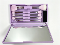 Ensemble de pinceaux de maquillage roses à double extrémité, 5 applicateurs cosmétiques avec miroir, étui compact et portable
