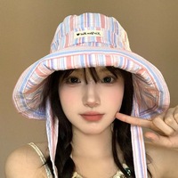 Topi Bucket Bergaris Lucu Gaya Korea Topi Pelindung Matahari Keluaran Baru Musim Panas Topi Pelindung Matahari Bertepi Lebar Kasual Serbaguna Tipis