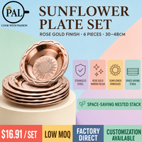 Lot de Plats de Dîner en Acier Inoxydable, Motif Tournesol en Relief, Bord Ondulé, 30 35 40 45 48cm, Épais, Poli Miroir, Empilable
