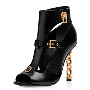 Brand New Metal Chain Heels Women Peep Toe Sandals Gold Slim High-heeled Summer Short Ankle Boots Stiletto Cut Out <b>Shoes</b> - Product Image 2