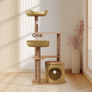 Arbre à <span class=keywords><strong>chat</strong></span> moderne en rotin avec poteau à gratter en sisal, <span class=keywords><strong>appartement</strong></span> multi-niveaux pour chats d'intérieur avec balles suspendues - Product Image 4
