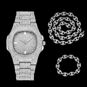 Iced Out ชุดของขวัญนาฬิกา,ชุดเครื่องประดับสร้อยข้อมือสร้อยคอคิวบาสร้อยข้อมือนาฬิกาผู้ชายสีทองของขวัญวันหยุดนาฬิกาข้อมือ Reloj - Product Image 6