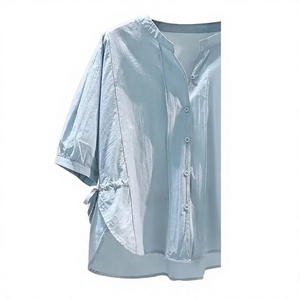 Blusa de Lino Azul Claro para Mujer, Manga Tres Cuartos, Cuello Redondo, Corte Holgado, Estilo Casual con Lazo, Transpirable, para Primavera/Verano - Product Image 3