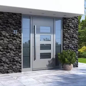 Porta de entrada moderna para casa exterior, porta de segurança moderna em madeira e aço inoxidável preta