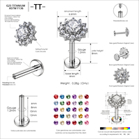 Perhiasan tindik titanium ASTM F136 G23 kualitas implan, model Sun Halo Halo-Set Round CZ untuk tulang rawan, tragus, helix, labret, dilapisi emas PVD.
