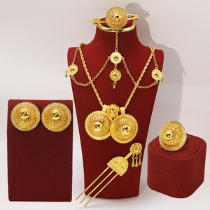 6PCS 중동 에티오피아 24K 금도금 목걸이 귀걸이 반지 팔찌 헤어 체인 헤어핀 사우디 두바이 신부 장신구 세트 - Product Image 1