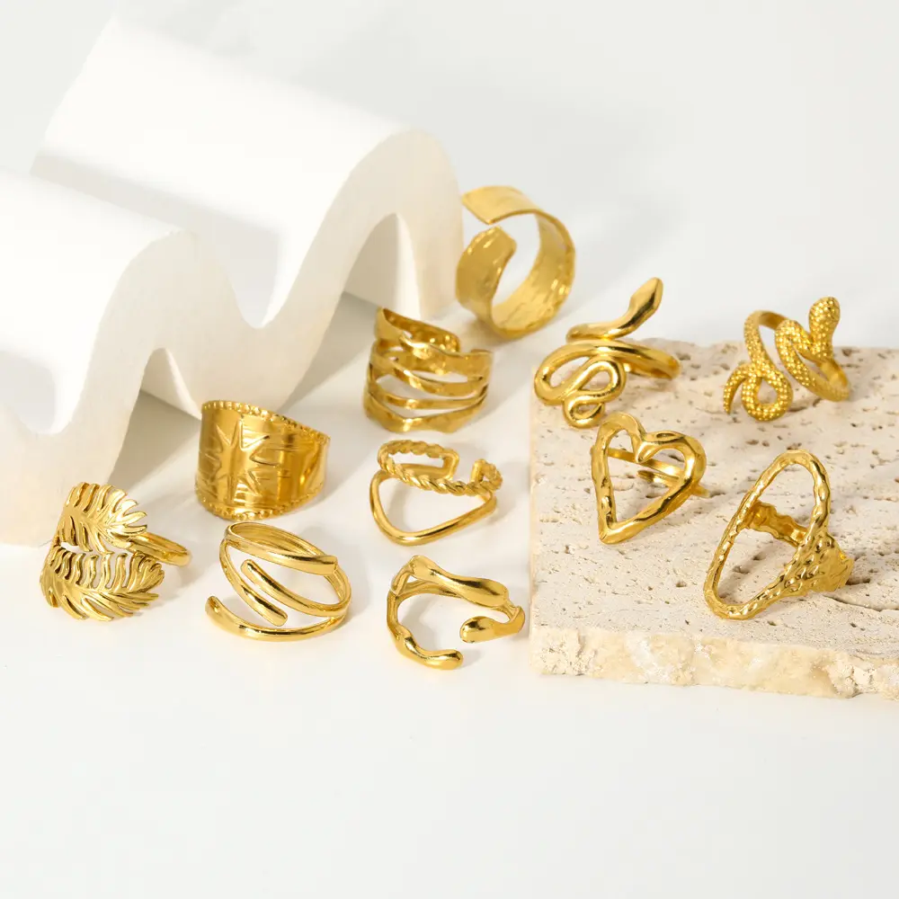 Cincin emas Stainless Steel Titanium baru berlapis geometris tahan air untuk wanita Vintage pertunangan cincin tidak ada noda cincin