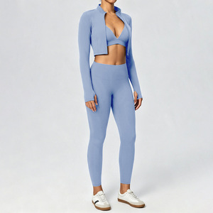 Wholesale Activewear Jogger <strong>Leggings</strong> <strong>3</strong> Pcs Gym Fitness Sportswear Yoga Zipper Jacket Sports Bra Yoga Set for <strong>Women</strong> - Product Image 5