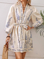 Robe courte bohème à col en V pour femme, manches longues, imprimé floral, coupe trapèze, taille lacée, printemps-été, décontractée