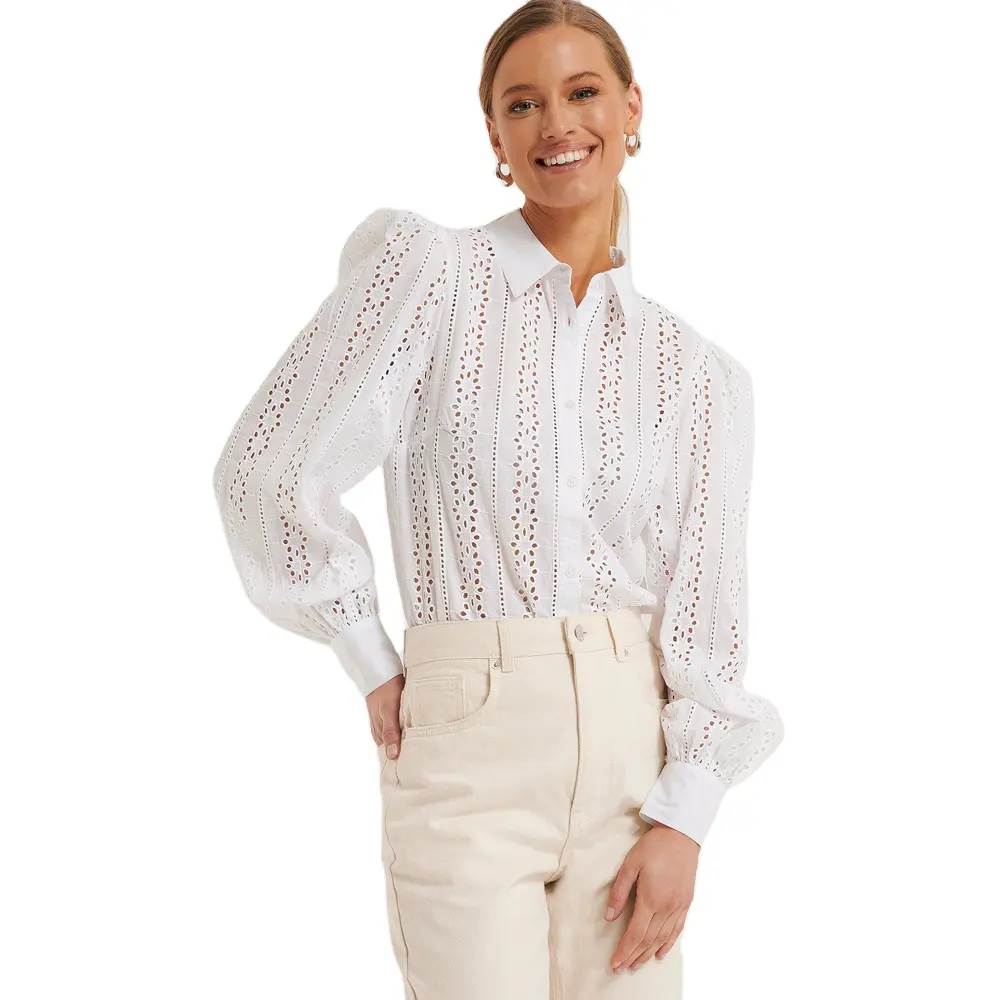 Trending clothes 2020 women clothes elegant white cotton eyelet crochet embroidered long sleeve shirts
