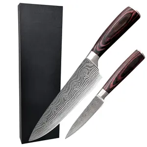 Professional Cooking Knife Set 2 Pieces Damascus Laser Pattern Kitchen Chef Knife and Paring Set With Pakka Wood Handle