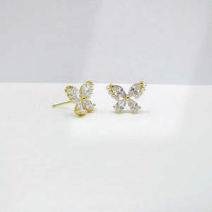 Boucles d'oreilles papillon en argent sterling 925 plaqué or 14 carats, zircon, bijoux fins, tendance, petites, pas chères, pour filles. - Product Image 4