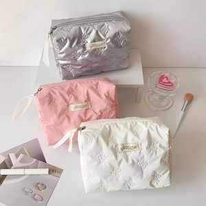 Bolsa de almacenamiento de cuidado de la piel de gran capacidad con lazo de color sólido brillante portátil para niña - Product Image 5