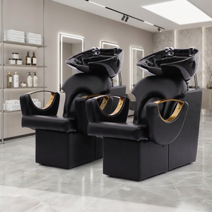 Ensemble de mobilier de salon de beauté noir et or : Bac de lavage, équipement de coiffure, chaise de coiffage, bac à shampoing - Product Image 1