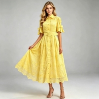 Robe chemise plissée Miyake élégante jaune à broderies florales pour femme, coupe trapèze mi-longue avec ceinture, directement de l'usine