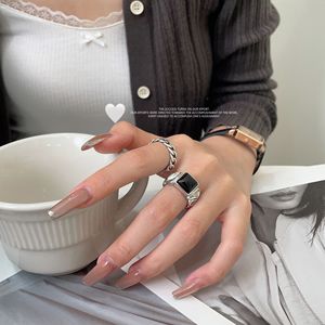 <b>Silver</b> Ruitai S925 <b>Sterling</b> <b>Silver</b> Black Agate Tank Chain <b>Adjustable</b> <b>Ring</b> For Women Everyday Wear Geometric Design - Product Image 2