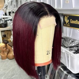 Cabello Brasileño Virgen Super Double Drawn Ombre T1B/99J Sin Pegamento, Pelucas de Cabello Humano con Frente de Encaje 4x4, Pelucas Cortas Tipo Bob - Product Image 1
