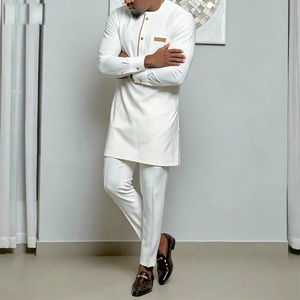Ensemble Kaftan Blanc <span class=keywords><strong>Moderne</strong></span> pour Hommes Africains, 2 Pièces, Tunique à Manches Longues et Pantalon pour Usage Quotidien, Aïd, Ramadan et Événements Décontractés - Product Image 4