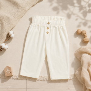 Pantalones Culottes de Cintura Alta Color Crema para Niñas, 100% Algodón, Cierre de Botones, Corte Holgado, Largo hasta la Rodilla, Ropa Casual de Verano - Product Image 1