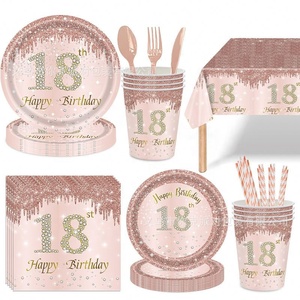 Ensemble de fournitures de fête jetables en PE sur le thème du 18e <span class=keywords><strong>anniversaire</strong></span>, avec assiettes en papier, gobelets en papier et nappe, en or rose et diamant, pour la célébration - Product Image 1