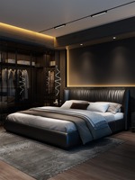 Lit plateforme moderne de luxe en cuir noir, tête de lit plissée minimaliste italienne, taille King, rembourré, mobilier de chambre à coucher
