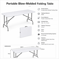 Table pliante légère et robuste en HDPE moulé par soufflage, 6 pieds, pliable en deux, pour pique-nique et repas en extérieur