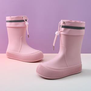 Bottes de pluie pour femmes avec cordon de serrage, mi-mollet, semelle épaisse, imperméables, en caoutchouc, blanc cassé, rose, noir, tailles 36-41, couleur unie - Product Image 2