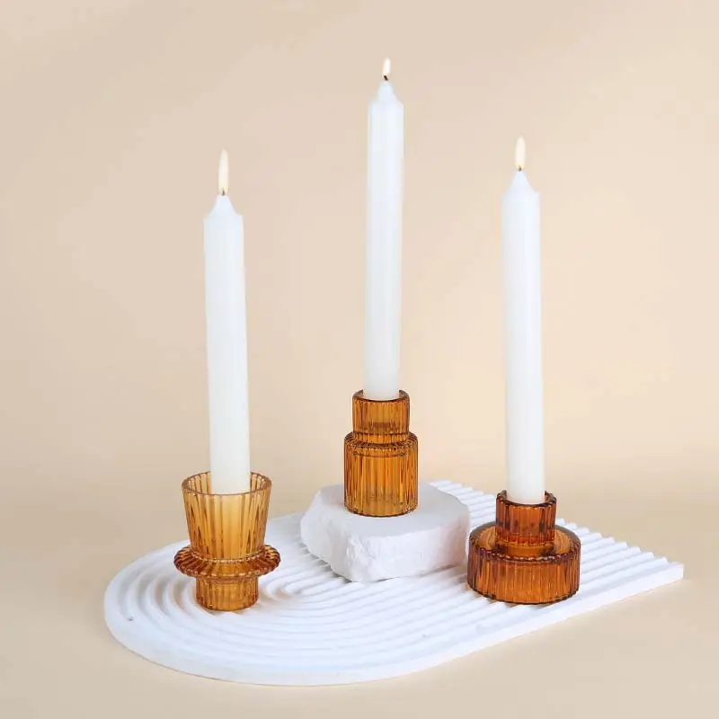 Home Decorações 2 Em 1 Cor Âmbar Titulares De Vela De Vidro Castiçal Para Chá Luz Taper Pillar Candle