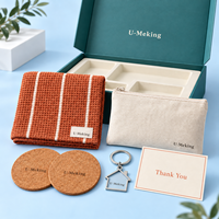 Coffret Cadeau Personnalisé Thanksgiving pour Nouveau Nicheur : Essuie-tout en Coton, Sous-verres en Liège, Porte-clés Métallique, Pochette en Toile – Idéal pour Agent Immobilier et Client