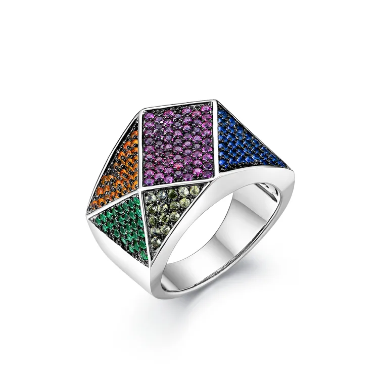 Custom Fashion Rainbow Series Sterling Silver Hoop Block Splicing Multi colorful rettangolare zircone Rings 925 Sterling Silver