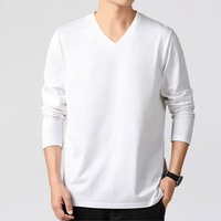 T-shirt en coton épais 250g pour hommes, haut à manches longues et col en V, couleur unie, décontracté, design vierge, chemise de fond, vente en gros