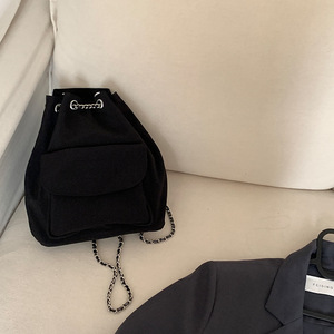 New Simple <b>Black</b> PU Chain Bucket Bag Large Capacity Korean Style Soft Handle <b>Backpack</b> Zipper Closure Summer Lining Polyester - Product Image 4