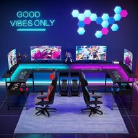 Bureau d'ordinateur direct d'usine en forme de L avec bande LED et prises de courant, table d'étude de jeu