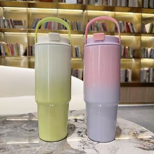 Custom 30OZ Logo Gradient Stainless Steel Tumbler New Colorful Summer Water <b>Bottle</b> Portable Handle <b>Coffee</b> Drinking Cup Straw - Product Image 2