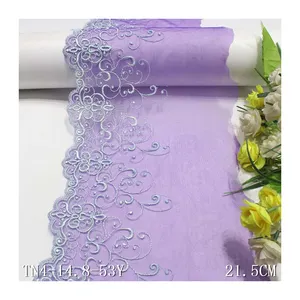 Fashion 22cm Wide Floral Embroidered Lace Fabric Dark Purple Tulle Laces For Women
