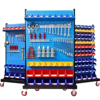 Chariot à outils de garage mobile double face écologique avec panneau perforé, bacs à pièces colorés, léger, 3 étagères, en métal, pour usage industriel
