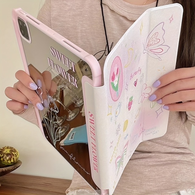 Ins Girl Flower Butterfly Tulip Y-Fold Leather Mirror Tablet Case for iPad Air M3 11 Inch 2025