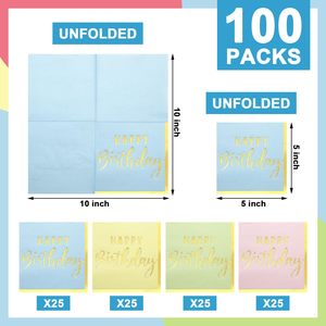 100 pièces <span class=keywords><strong>serviettes</strong></span> joyeux anniversaire avec garniture de boisson Cocktail feuille d'or arc-<span class=keywords><strong>en</strong></span>-ciel Pastel <span class=keywords><strong>serviettes</strong></span> d'anniversaire <span class=keywords><strong>en</strong></span> <span class=keywords><strong>papier</strong></span> jetables pour le dîner - Product Image 2
