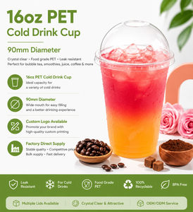 แก้วพลาสติกใส PET/PLA แบบใช้แล้วทิ้ง พิมพ์โลโก้ได้ ขนาดเส้นผ่านศูนย์กลาง 90 มม. ความจุ 16 ออนซ์ สำหรับกาแฟเย็น สมูทตี้ พร้อมฝาปิด สำหรับแบรนด์ต่างๆ - Product Image 4